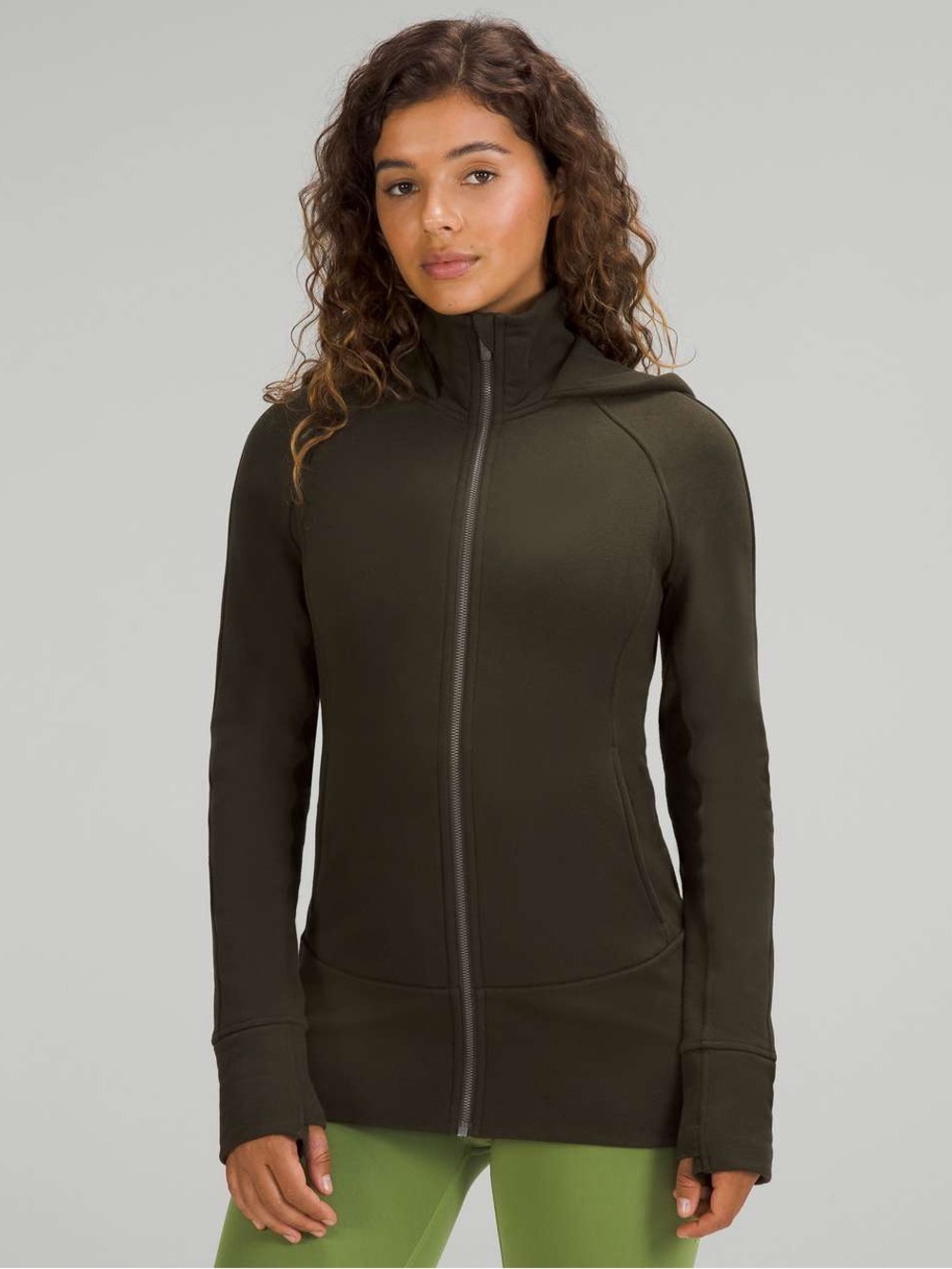 Lululemon Radiant Jacket Olive Green Hooded Full Zip Thumbhole Jacket Size 10